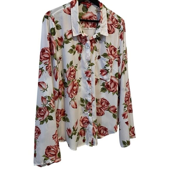 Guess XL Floral Rose Print 3/4 Sleeve Collared Blouse - Picture 2 of 16